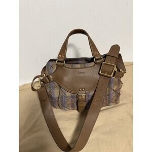 Aimee Satchel Bag Womens Medium Brown Leather Tweed Plaid Top Handle Crossbody